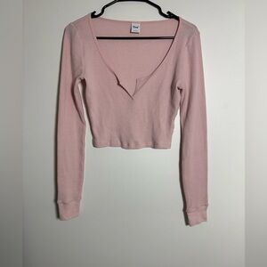 TNA Aritzia Pink Waffle Knit Crop Top Small Long Sleeve Henley